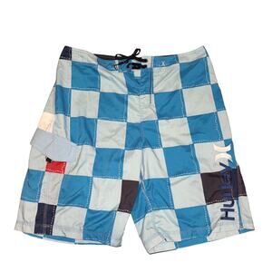 Y2K Hurley Phantom Mens 38 Board Shorts Blue Patchwork Checkered Baggy Surf
